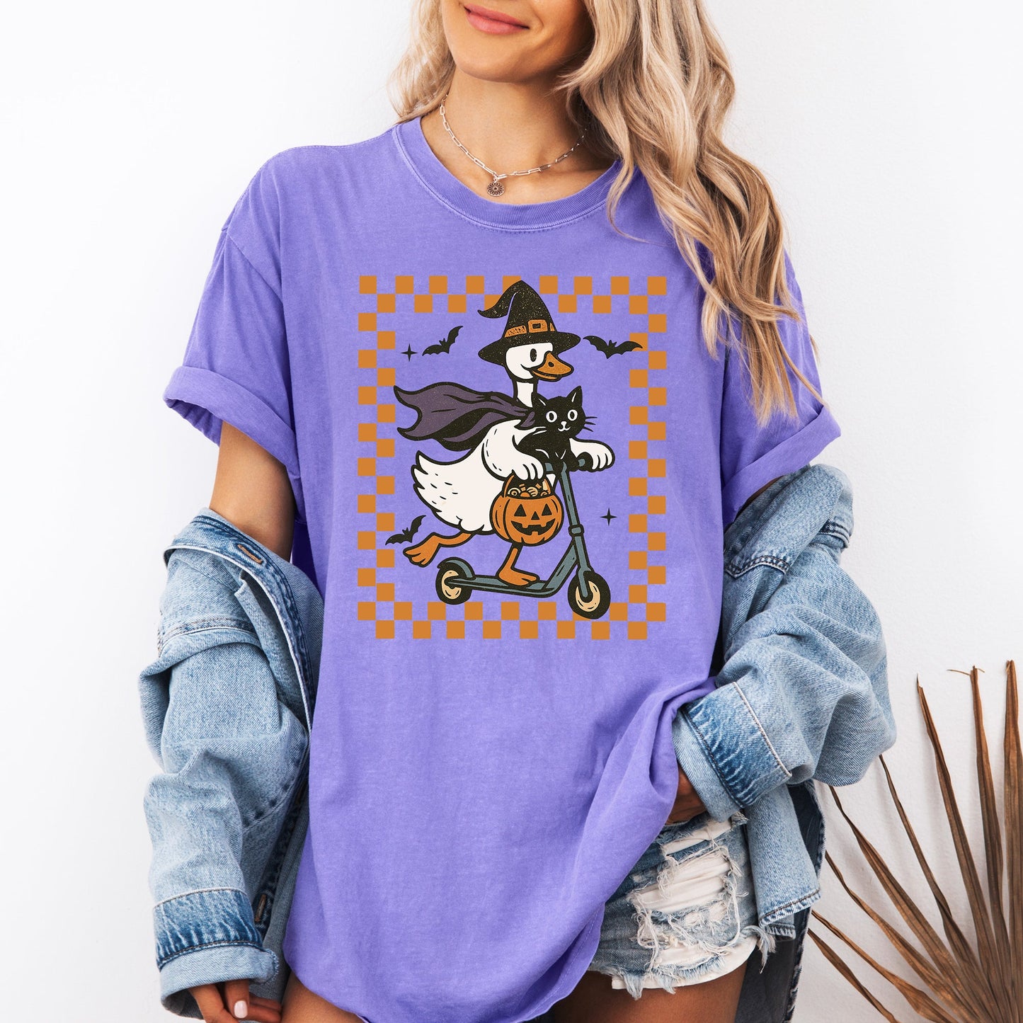 Funny Halloween Goose Black Cat Witch Checkered Comfort Colors T-Shirt Refinery Number One