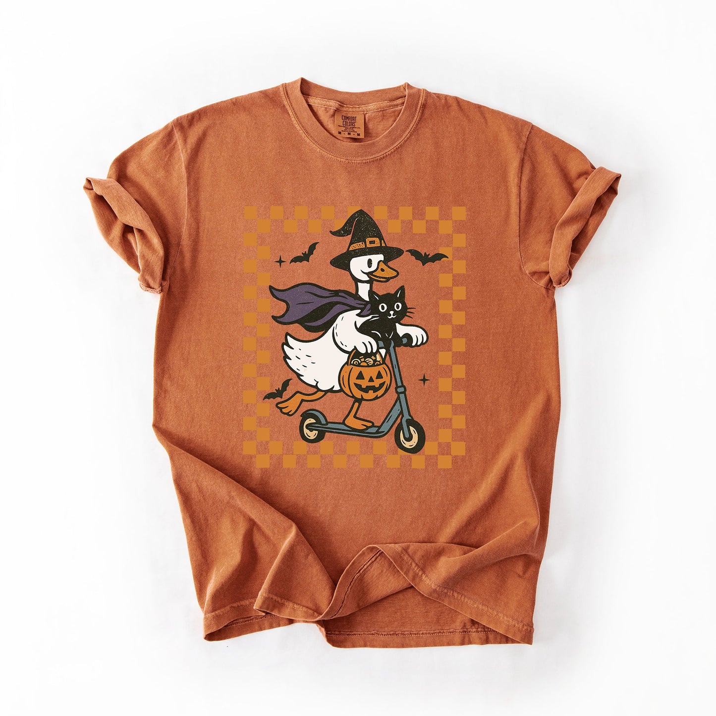 Funny Halloween Goose Black Cat Witch Checkered Comfort Colors T-Shirt Refinery Number One