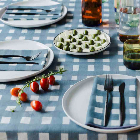Blue Cross-Hatch Linen Tablecloth