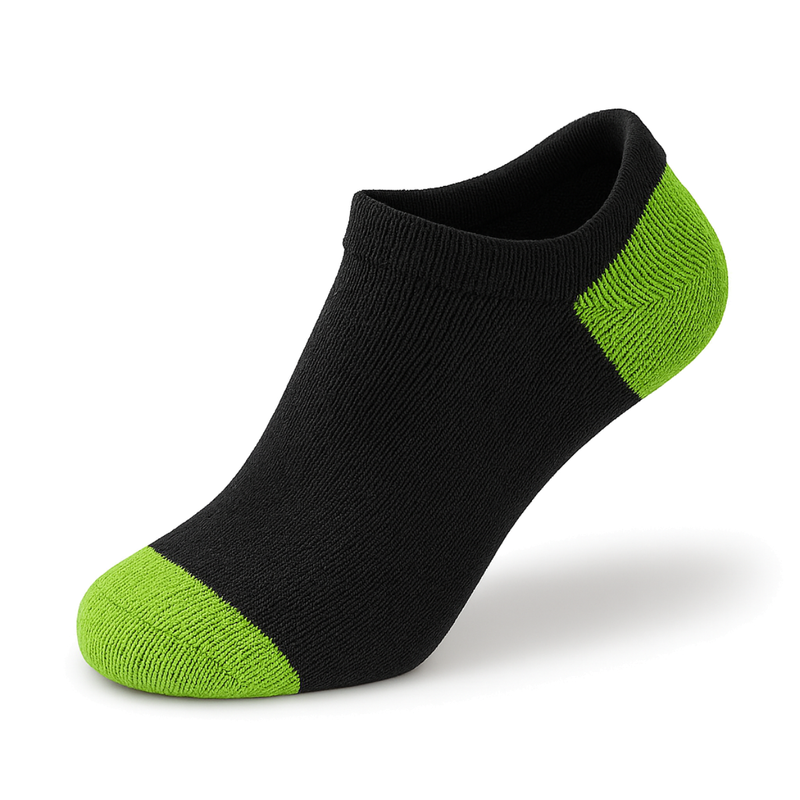 Men's 100% Cotton Black Low Cut Ankle Socks with Green Heel and Toe