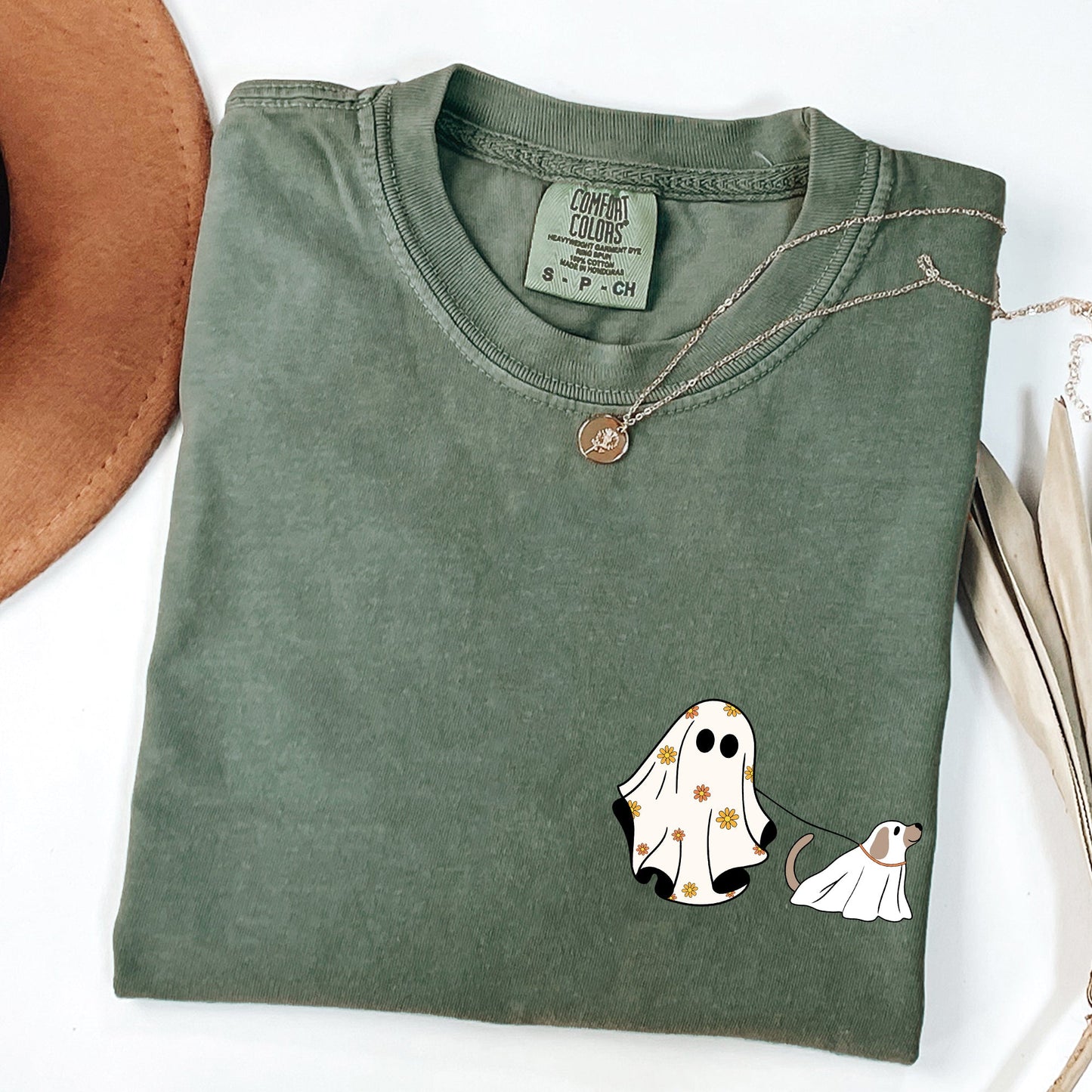Ghost Walking Dog Pocket Print Cute Shirt Comfort Colors T-Shirt