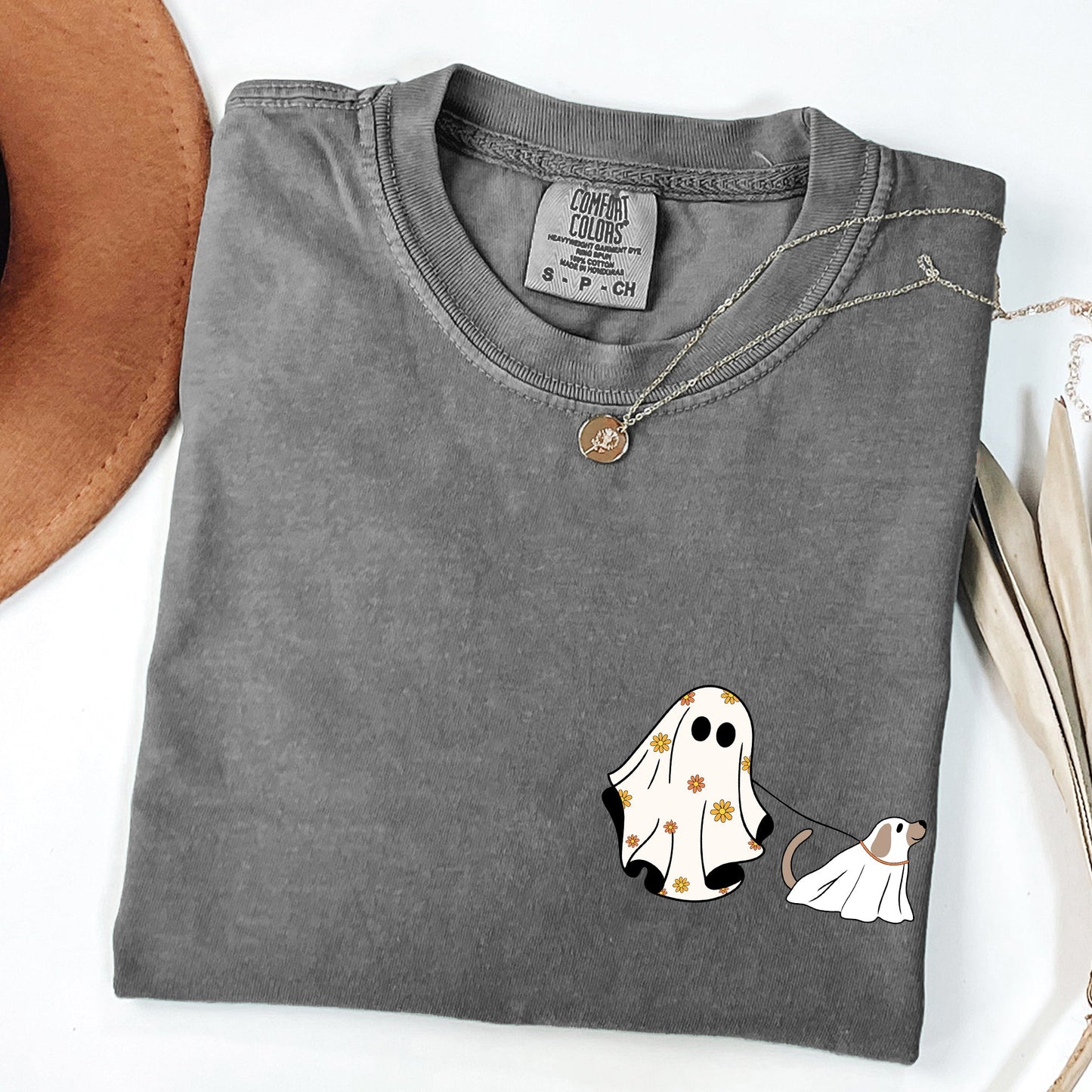 Ghost Walking Dog Pocket Print Cute Shirt Comfort Colors T-Shirt