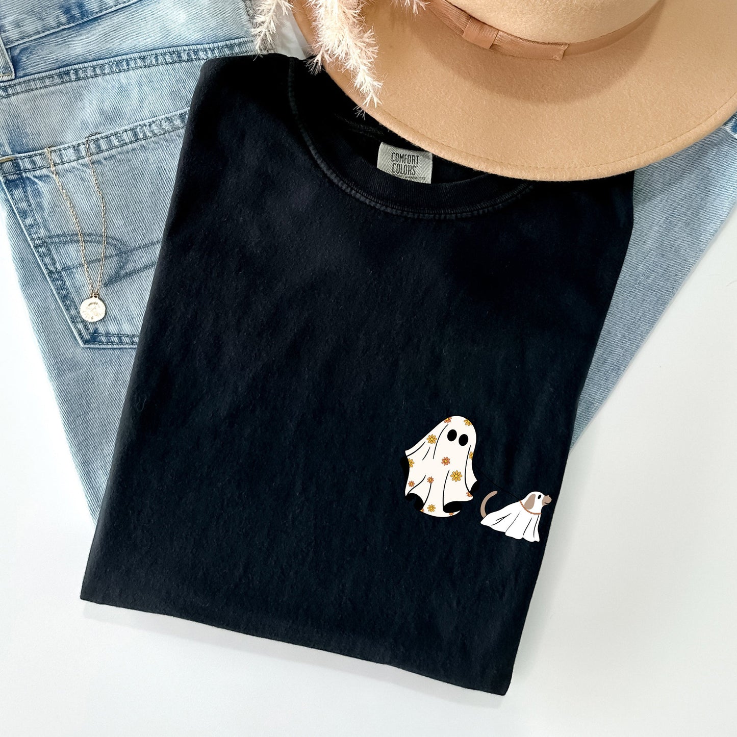 Ghost Walking Dog Pocket Print Cute Shirt Comfort Colors T-Shirt