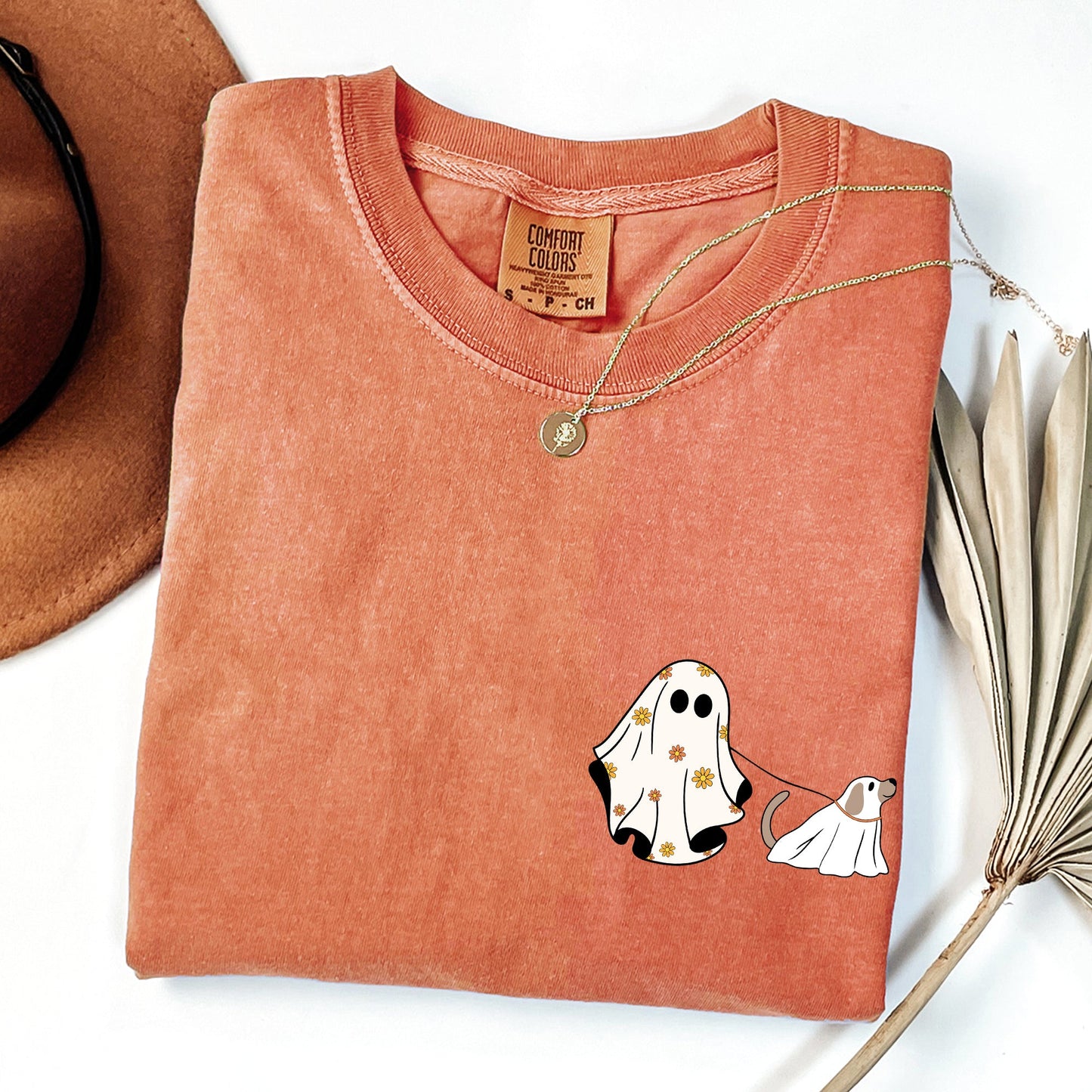 Ghost Walking Dog Pocket Print Cute Shirt Comfort Colors T-Shirt