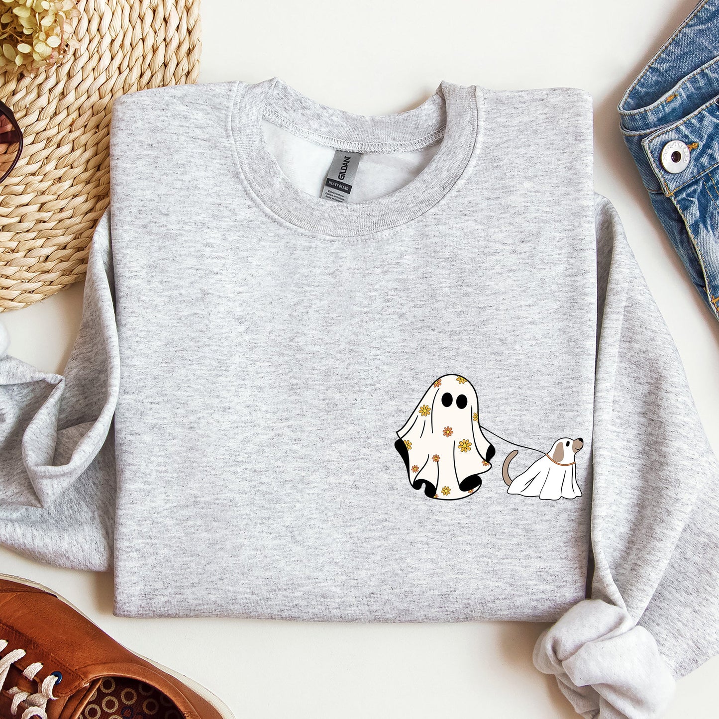 Ghost Walking Dog Pocket Print Cute Sweatshirt
