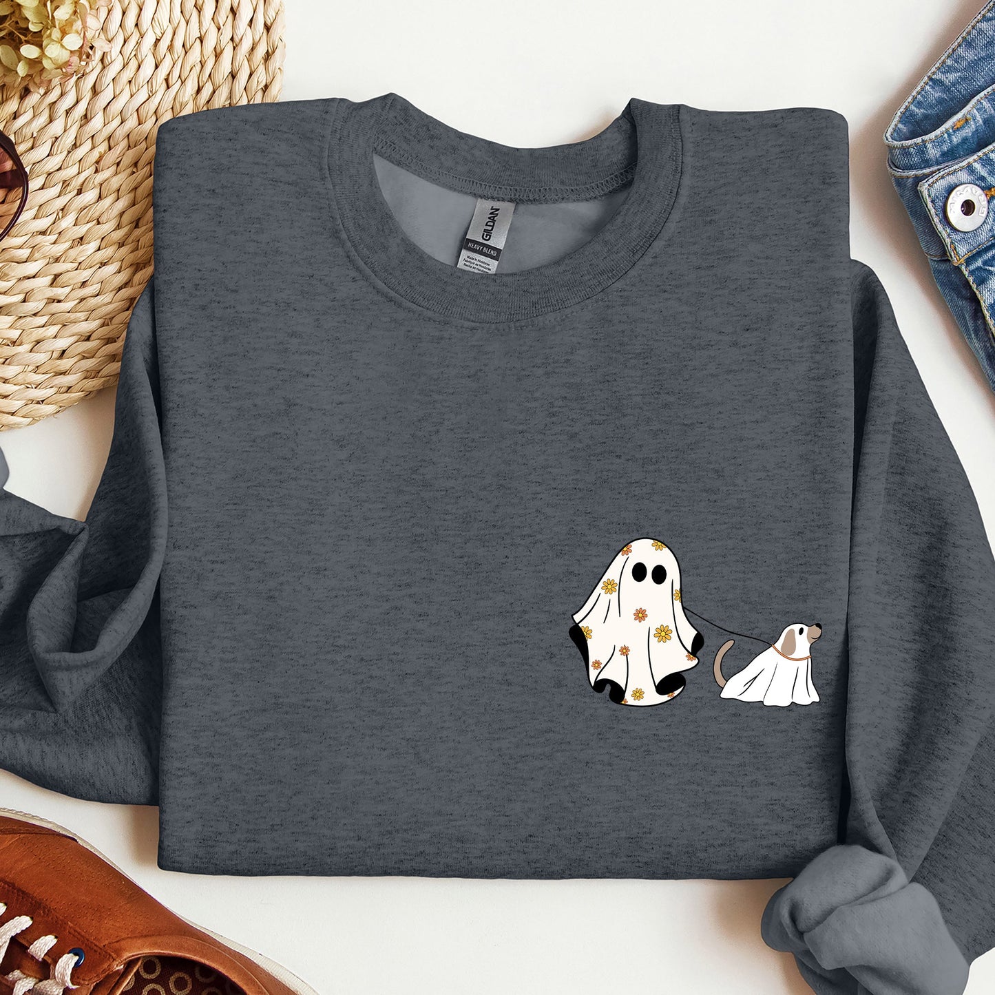 Ghost Walking Dog Pocket Print Cute Sweatshirt