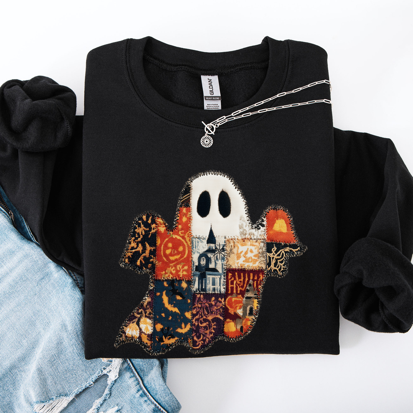 Ghost Faux Quilt Classic Sweatshirt Halloween Fall Autumn
