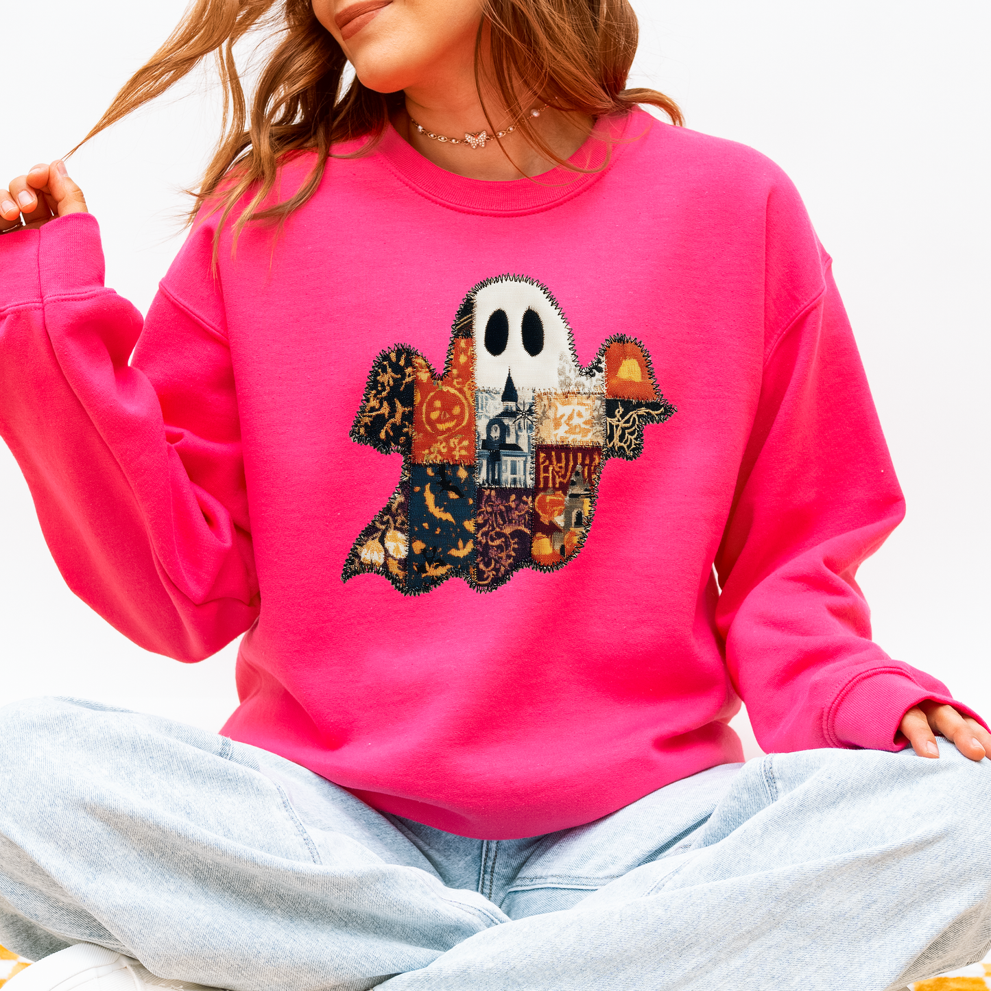 Ghost Faux Quilt Classic Sweatshirt Halloween Fall Autumn