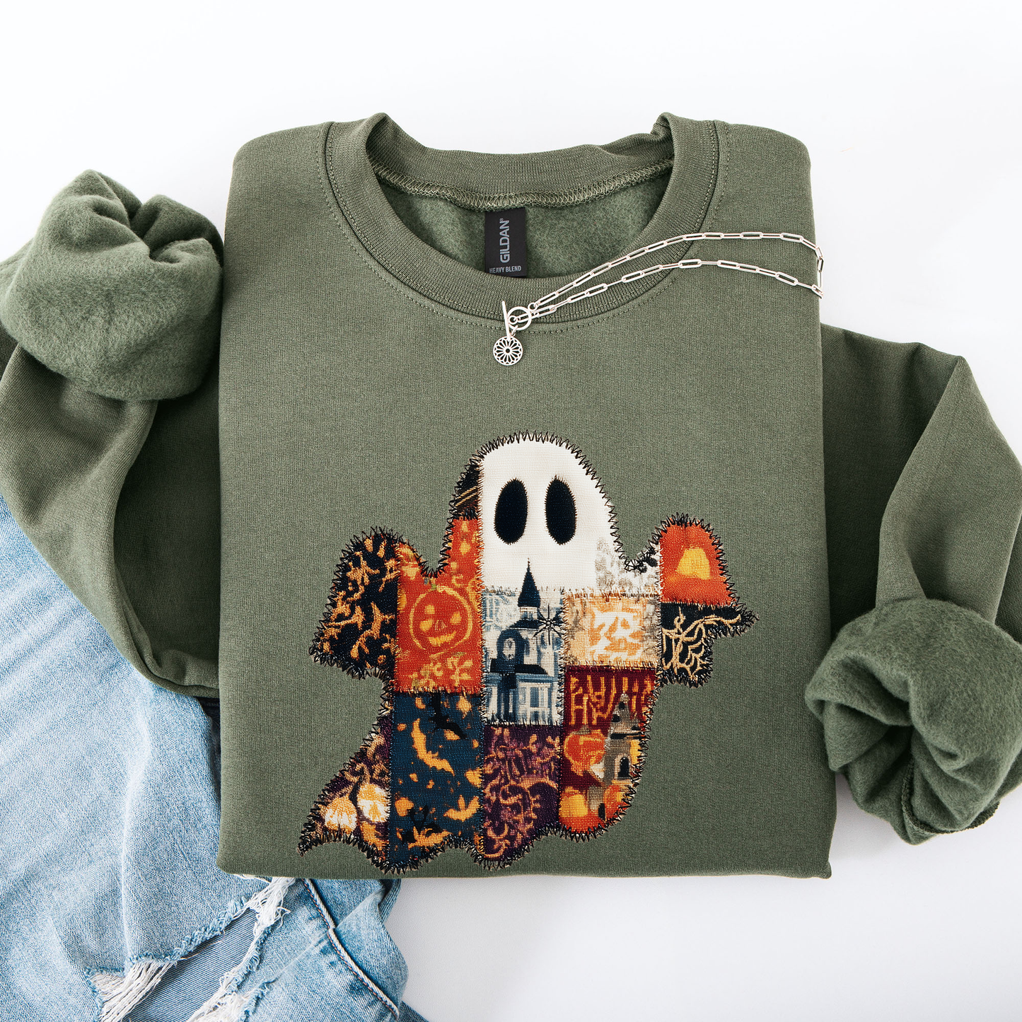 Ghost Faux Quilt Classic Sweatshirt Halloween Fall Autumn