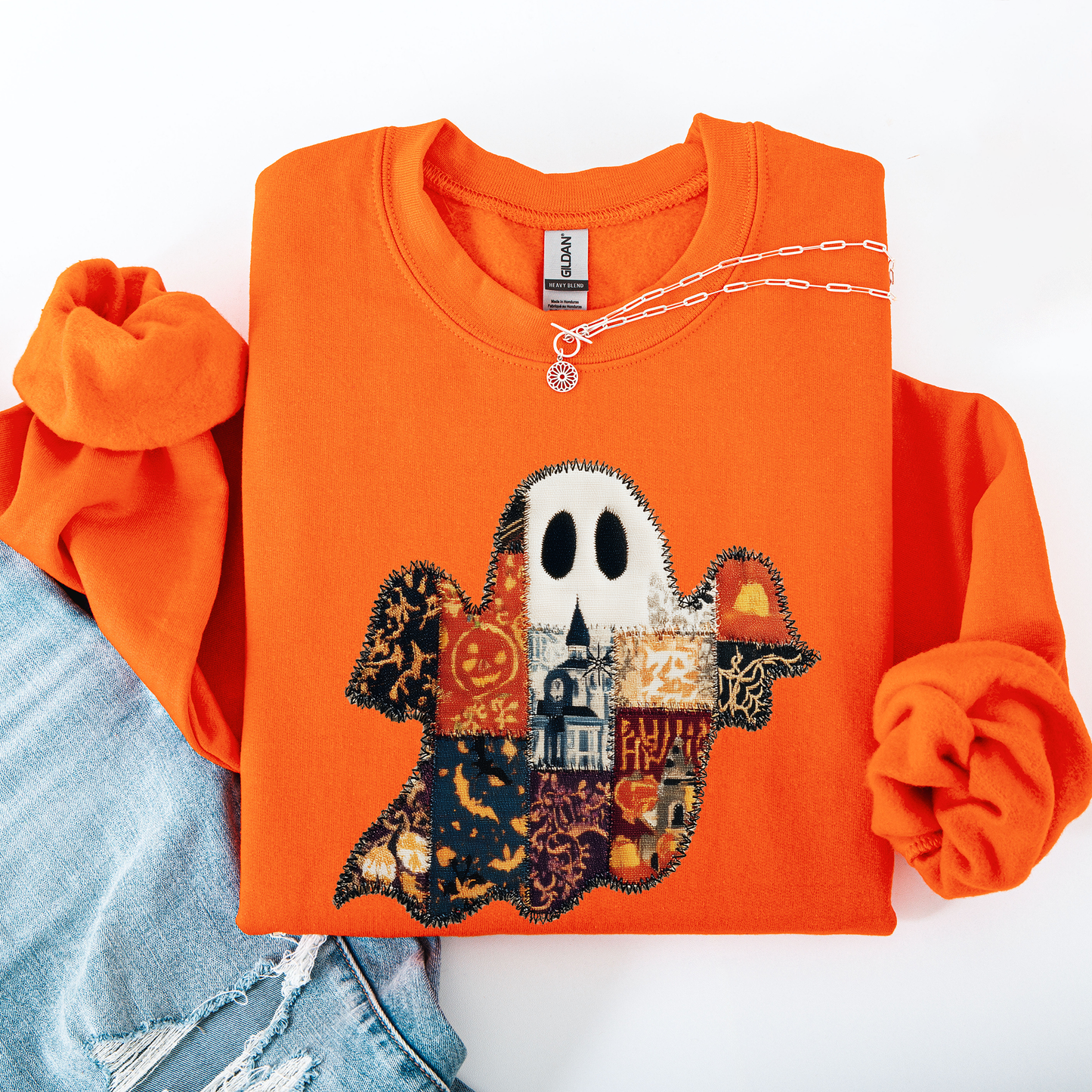 Ghost Faux Quilt Classic Sweatshirt Halloween Fall Autumn