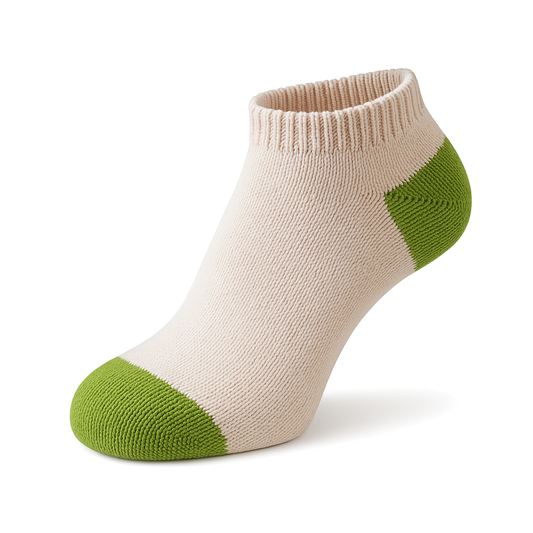 Men's 100% Cotton Regular Ankle Socks Natural Color with Green Heel and Toe