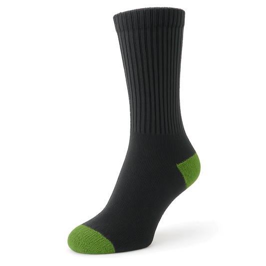 Men's 100% Cotton Regular Crew Socks Black Color with Green Heel and Toe