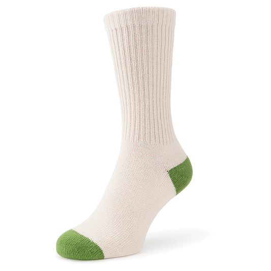 Men's 100% Cotton Regular Crew Socks Natural Color with Green Heel and Toe