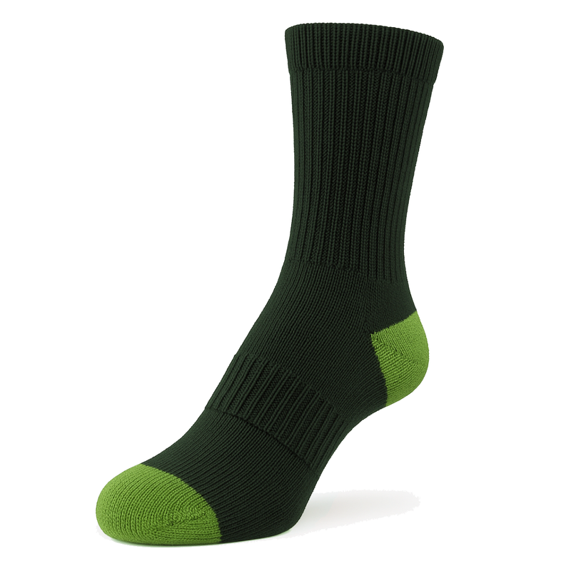 100% Cotton Black Sport Crew Socks with Green Heel and Toe for Men