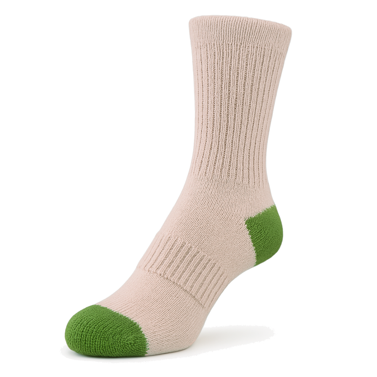Men's 100% Cotton Sport Crew Socks Natural Color with Green Heel and Toe