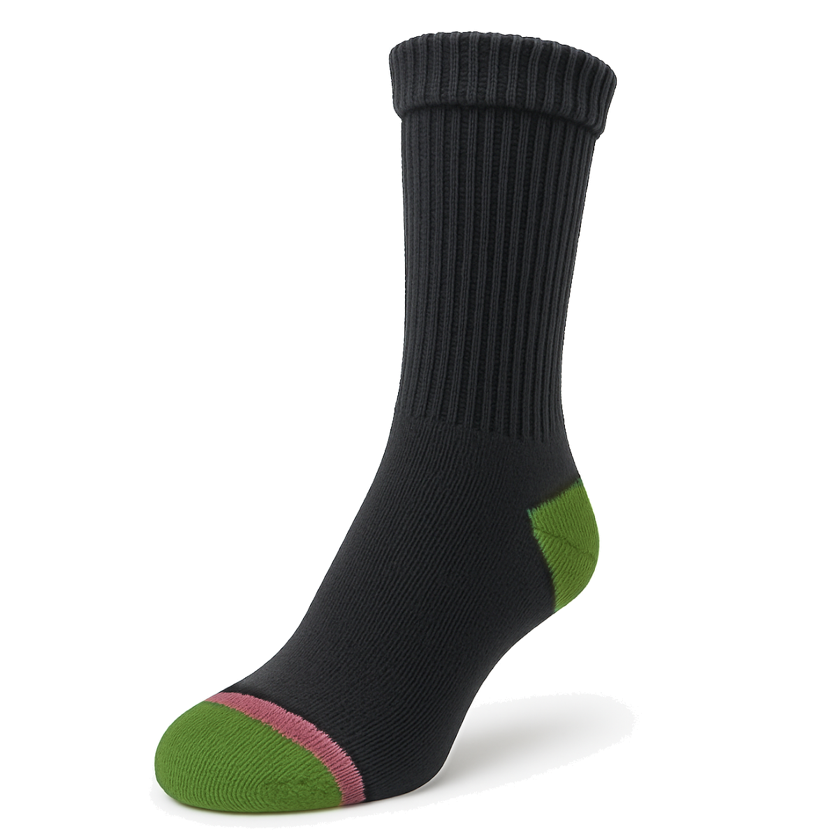 Women's 100% Cotton Crew Socks Black Color with Green Heel and Toe