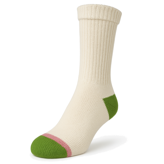 Women's 100% Cotton Crew Socks Natural Color with Green Heel and Toe