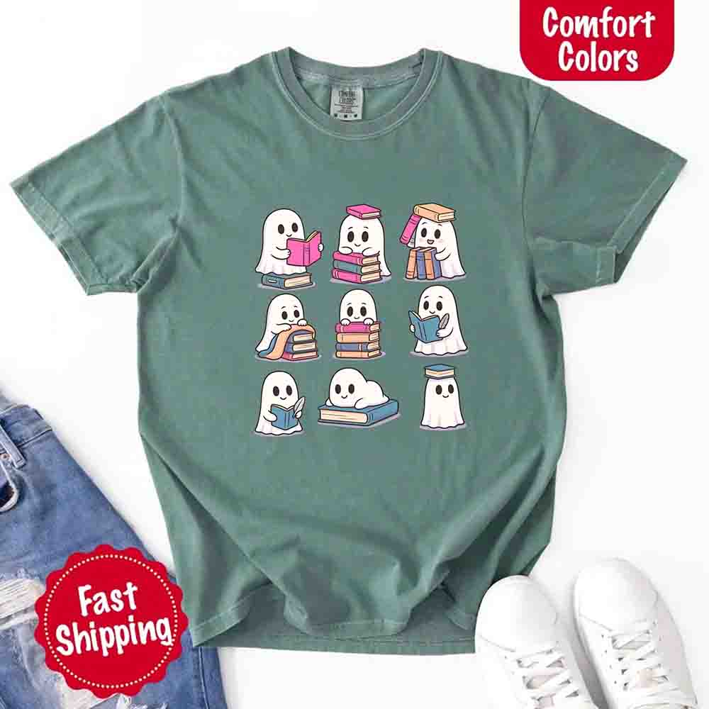 Ghost Reading Comfort Colors Shirt Spooky Book Lover Tee