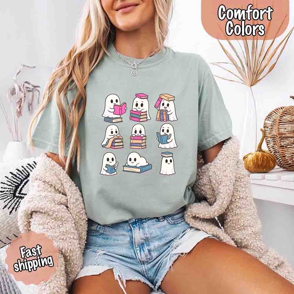 Ghost Reading Comfort Colors Shirt Spooky Book Lover Tee