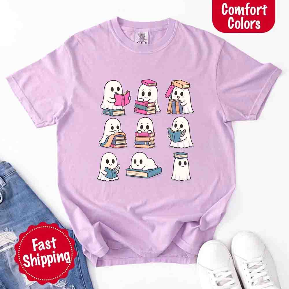 Ghost Reading Comfort Colors Shirt Spooky Book Lover Tee