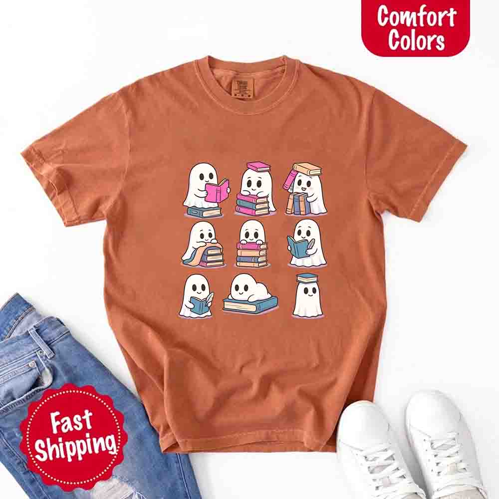Ghost Reading Comfort Colors Shirt Spooky Book Lover Tee