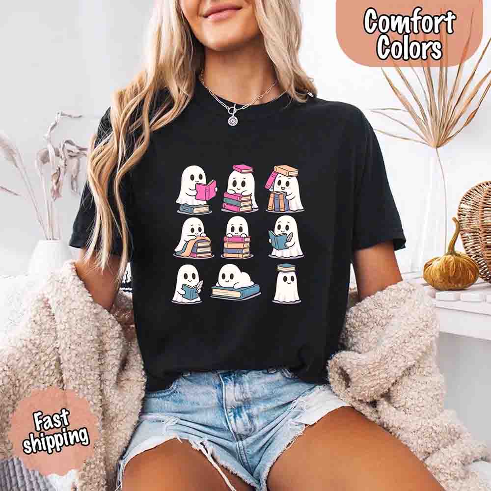 Ghost Reading Comfort Colors Shirt Spooky Book Lover Tee