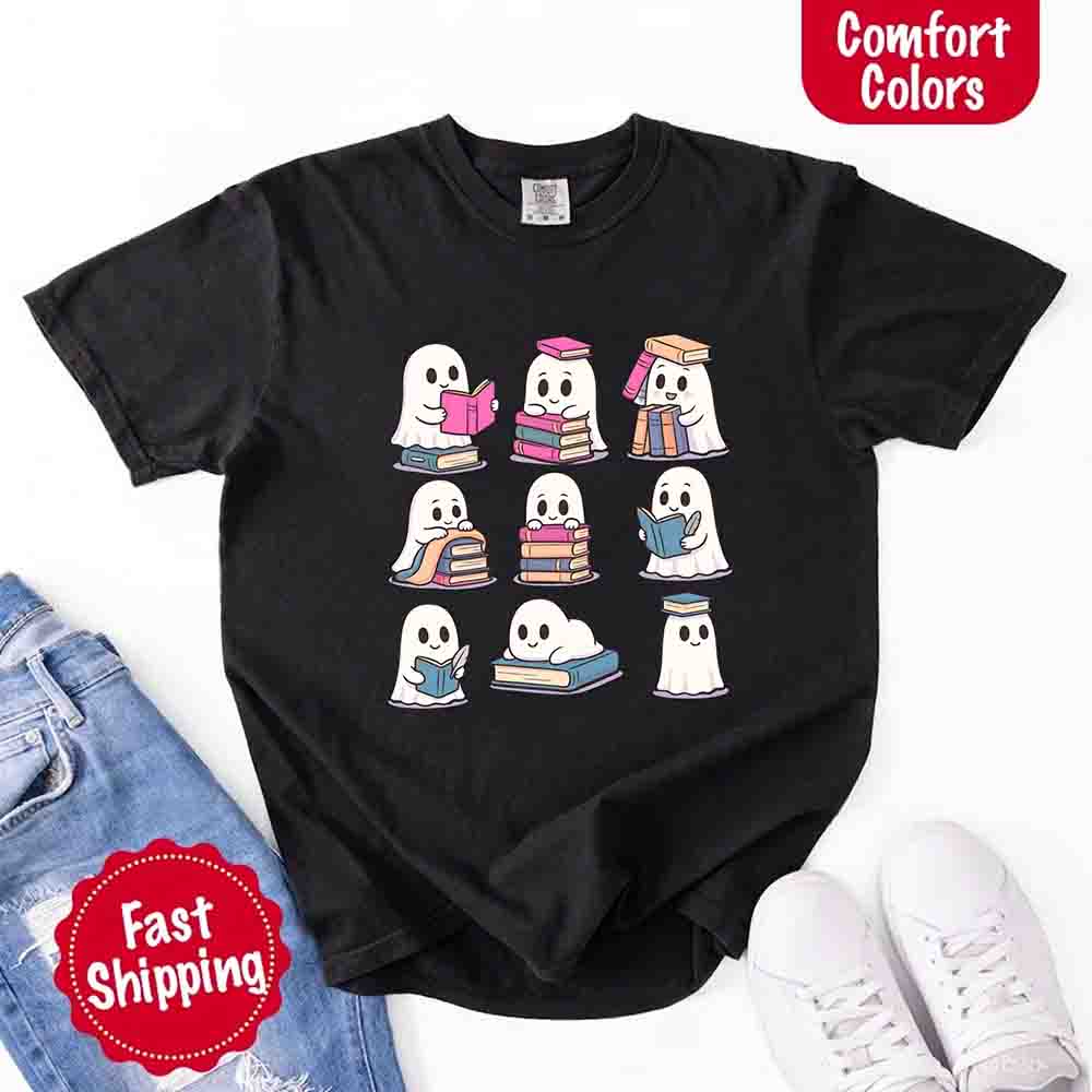 Ghost Reading Comfort Colors Shirt Spooky Book Lover Tee