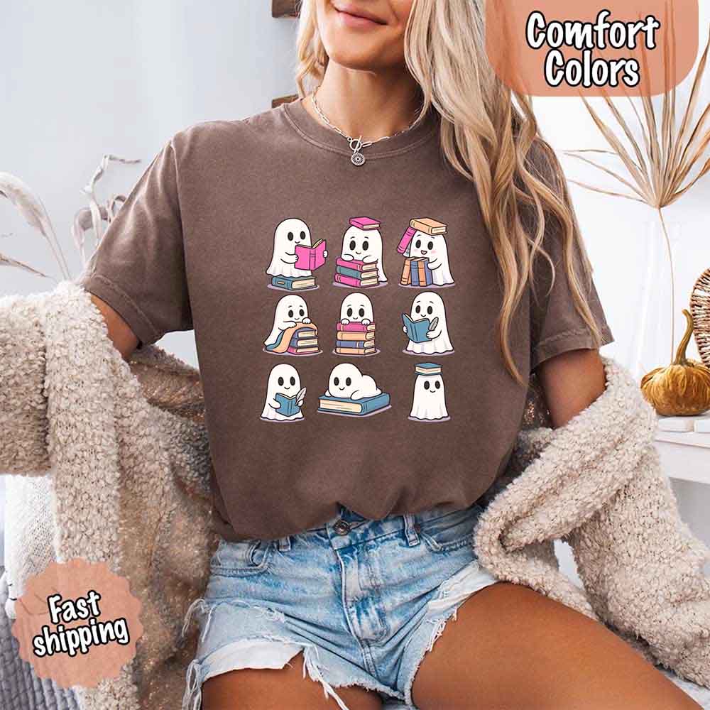 Ghost Reading Comfort Colors Shirt Spooky Book Lover Tee