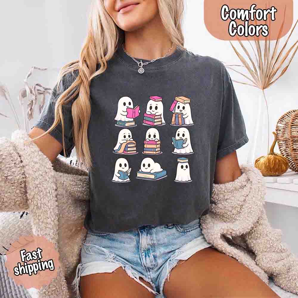 Ghost Reading Comfort Colors Shirt Spooky Book Lover Tee