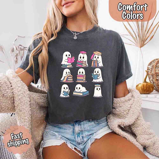 Ghost Reading Comfort Colors Shirt Spooky Book Lover Tee