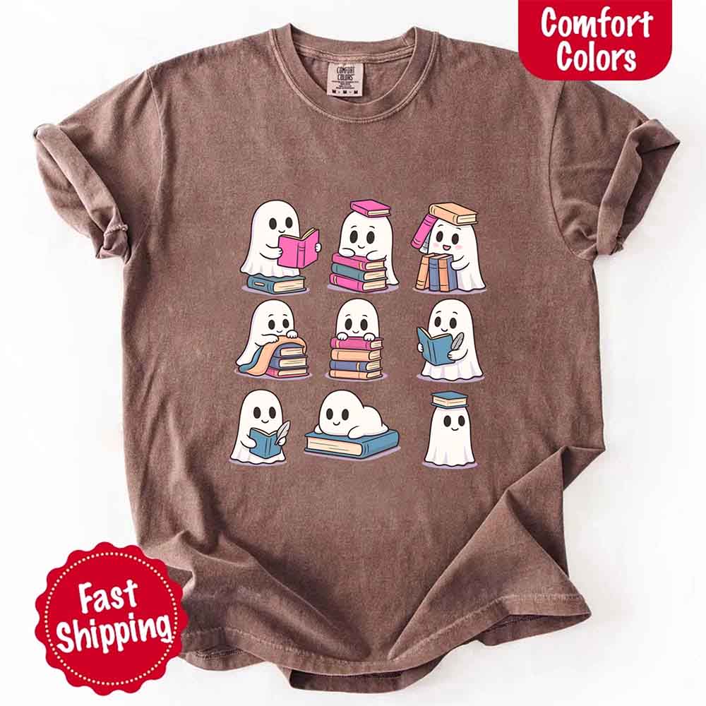 Ghost Reading Comfort Colors Shirt Spooky Book Lover Tee