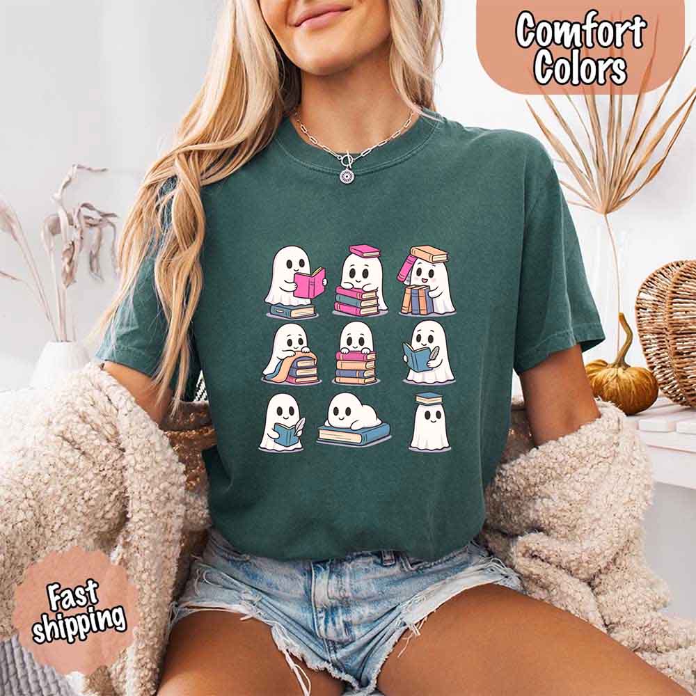 Ghost Reading Comfort Colors Shirt Spooky Book Lover Tee