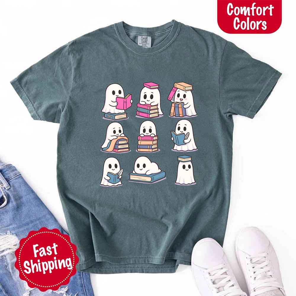 Ghost Reading Comfort Colors Shirt Spooky Book Lover Tee