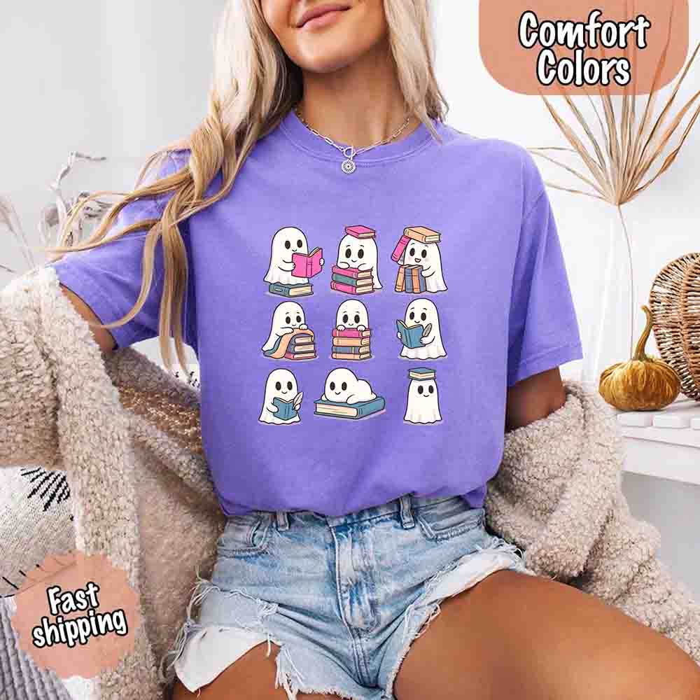 Ghost Reading Comfort Colors Shirt Spooky Book Lover Tee