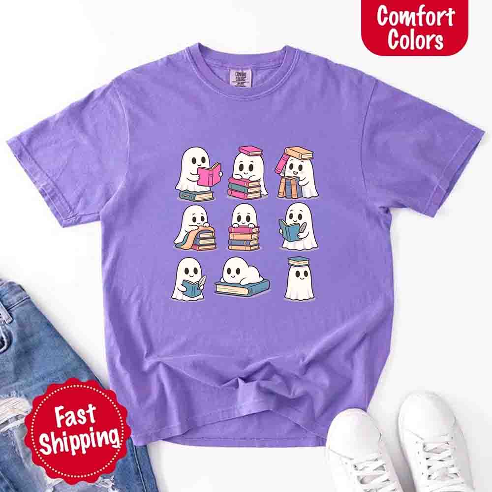 Ghost Reading Comfort Colors Shirt Spooky Book Lover Tee