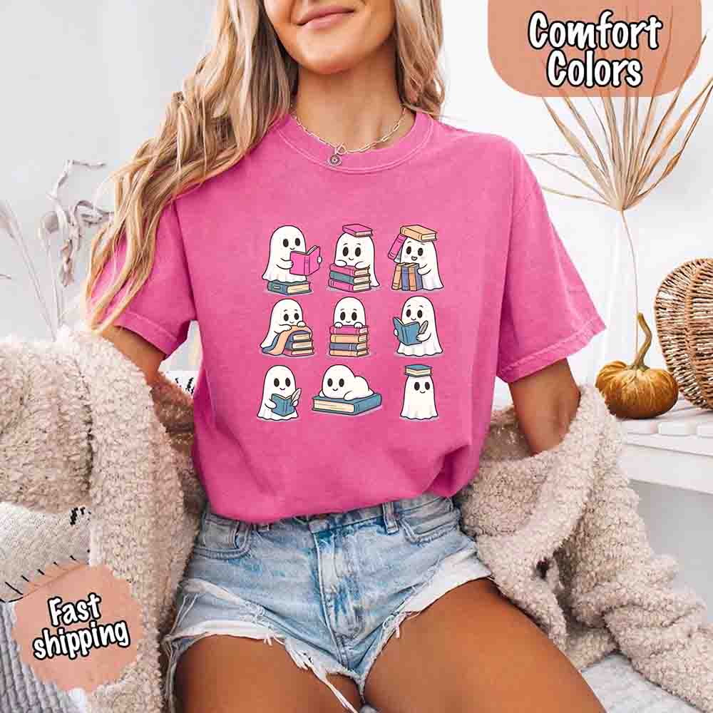 Ghost Reading Comfort Colors Shirt Spooky Book Lover Tee