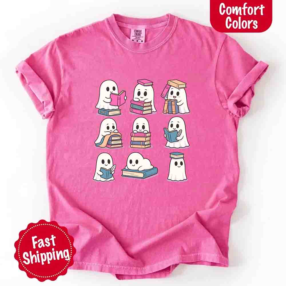 Ghost Reading Comfort Colors Shirt Spooky Book Lover Tee