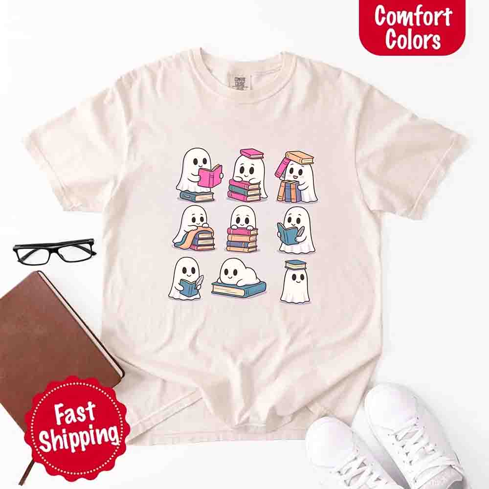 Ghost Reading Comfort Colors Shirt Spooky Book Lover Tee