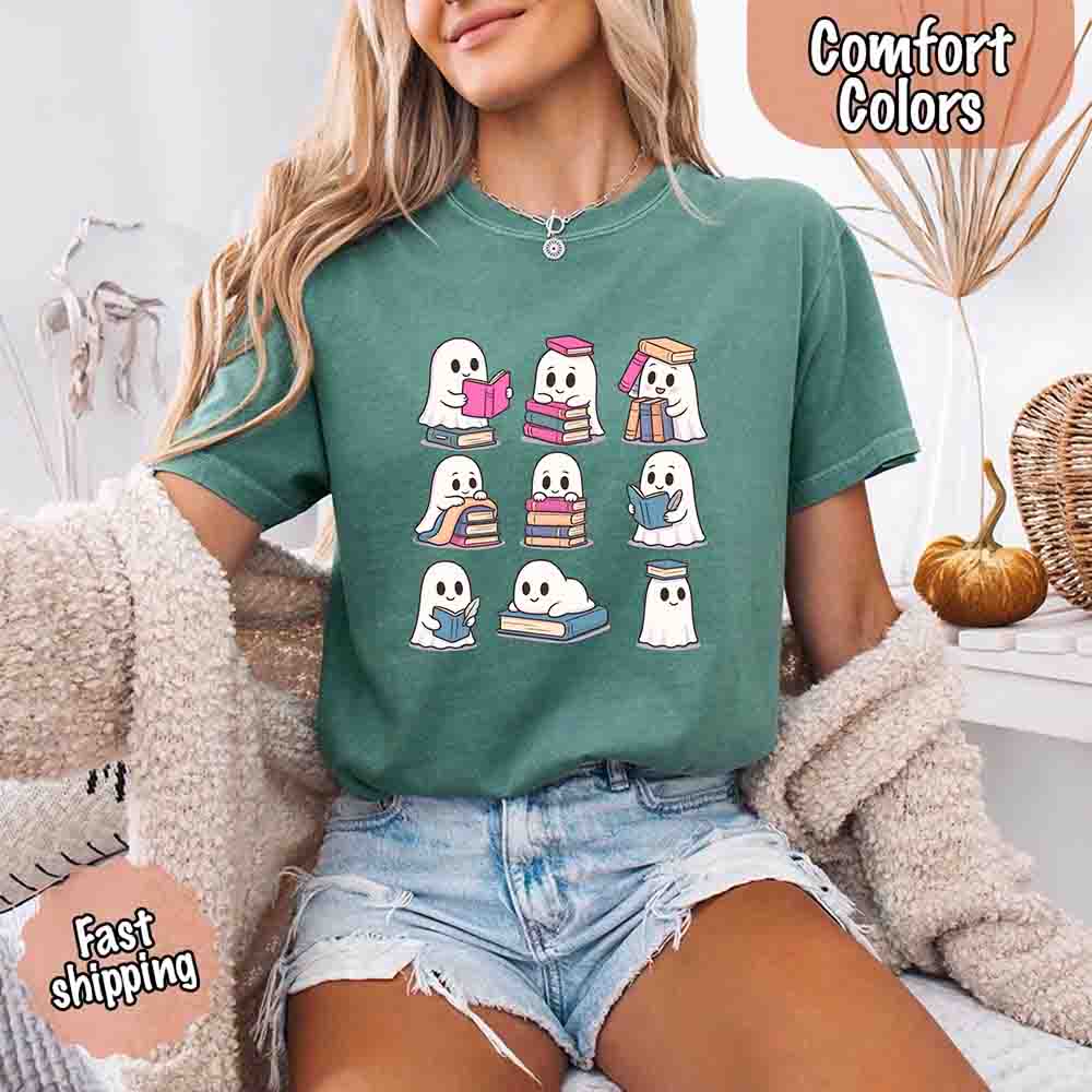 Ghost Reading Comfort Colors Shirt Spooky Book Lover Tee