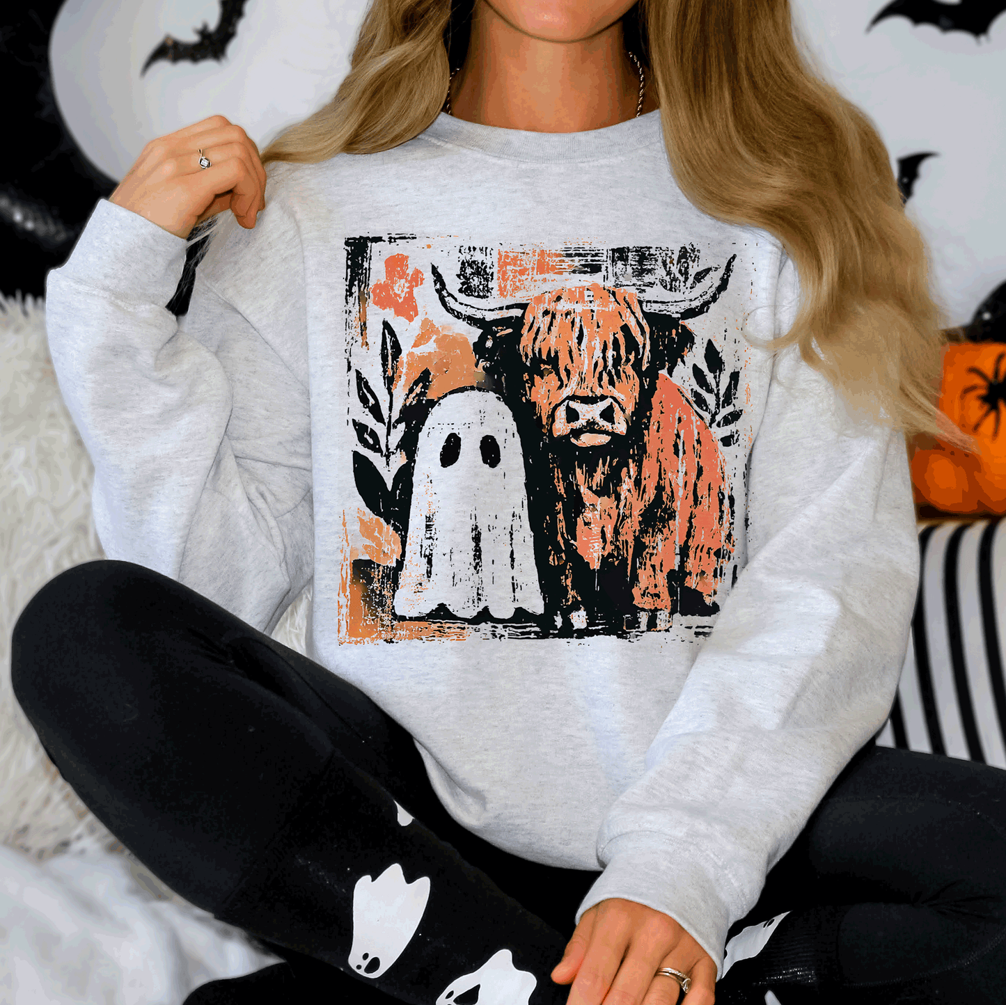 Ghost and Cow Cute Autumn Halloween Spooky Fall Sweatshirt Refinery Number One