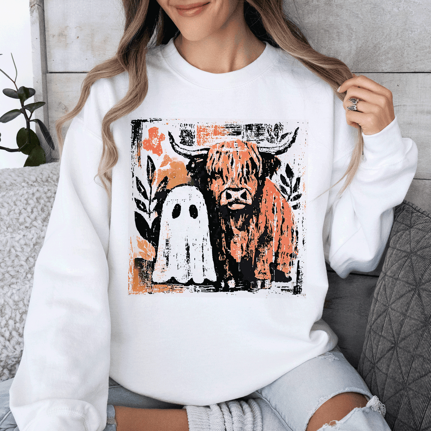 Ghost and Cow Cute Autumn Halloween Spooky Fall Sweatshirt Refinery Number One