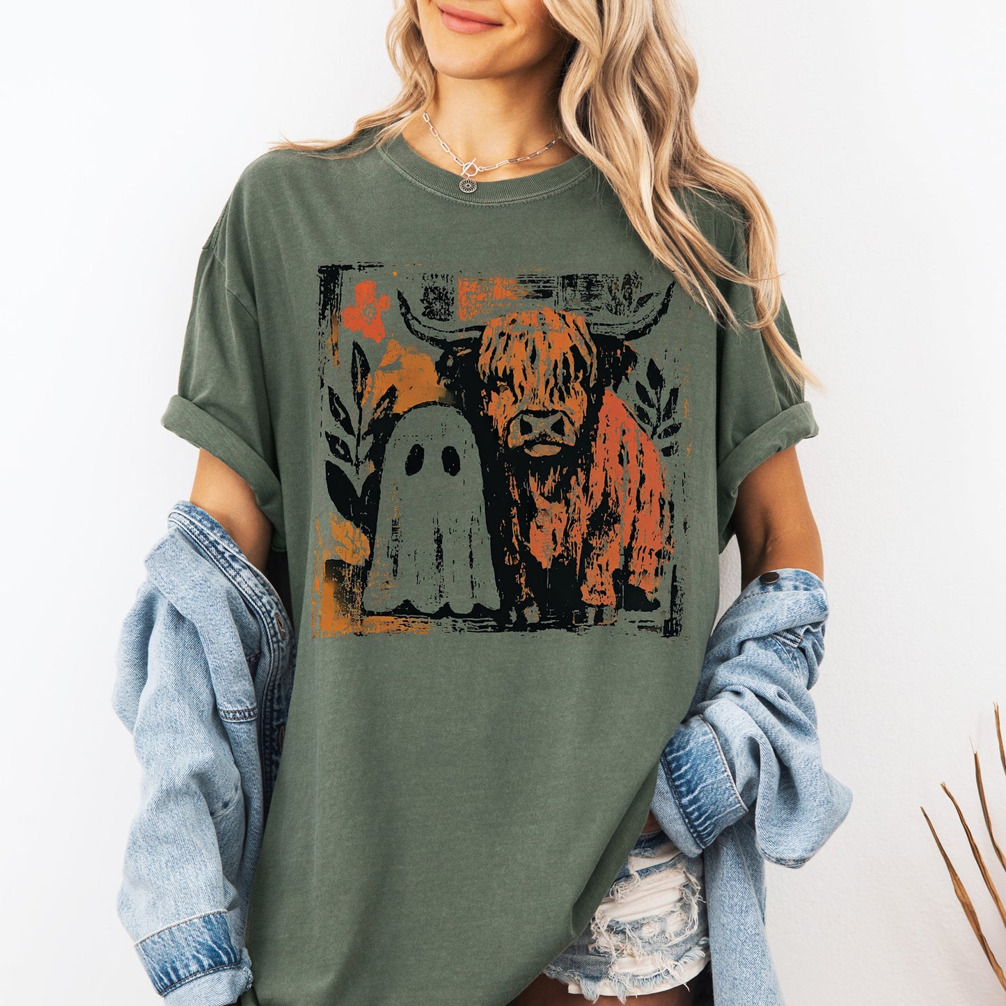 Cute Autumn Halloween Ghost and Cow Comfort Colors T-Shirt