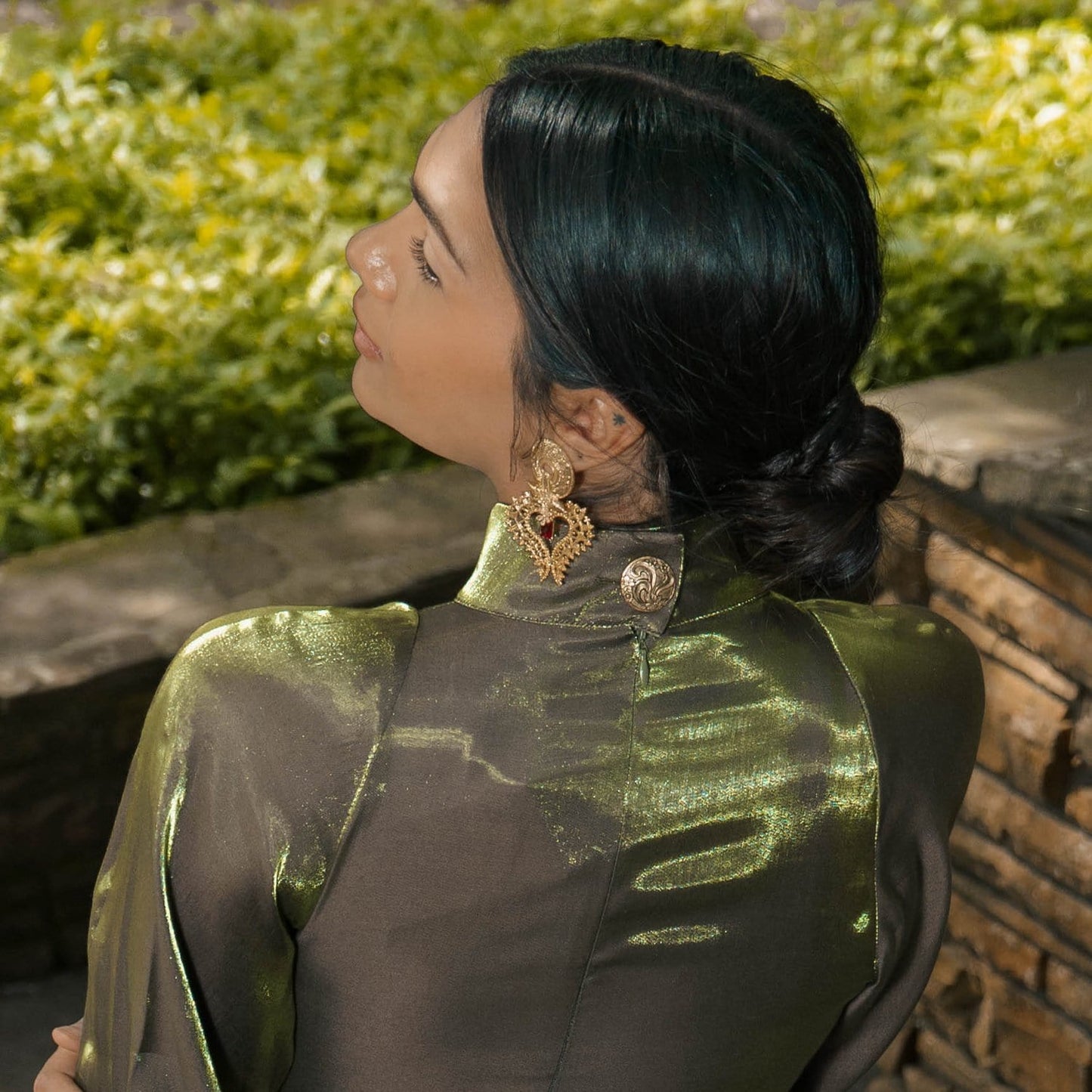 Green Ming Satin Gladiolus Dress with High Neck ADIBA