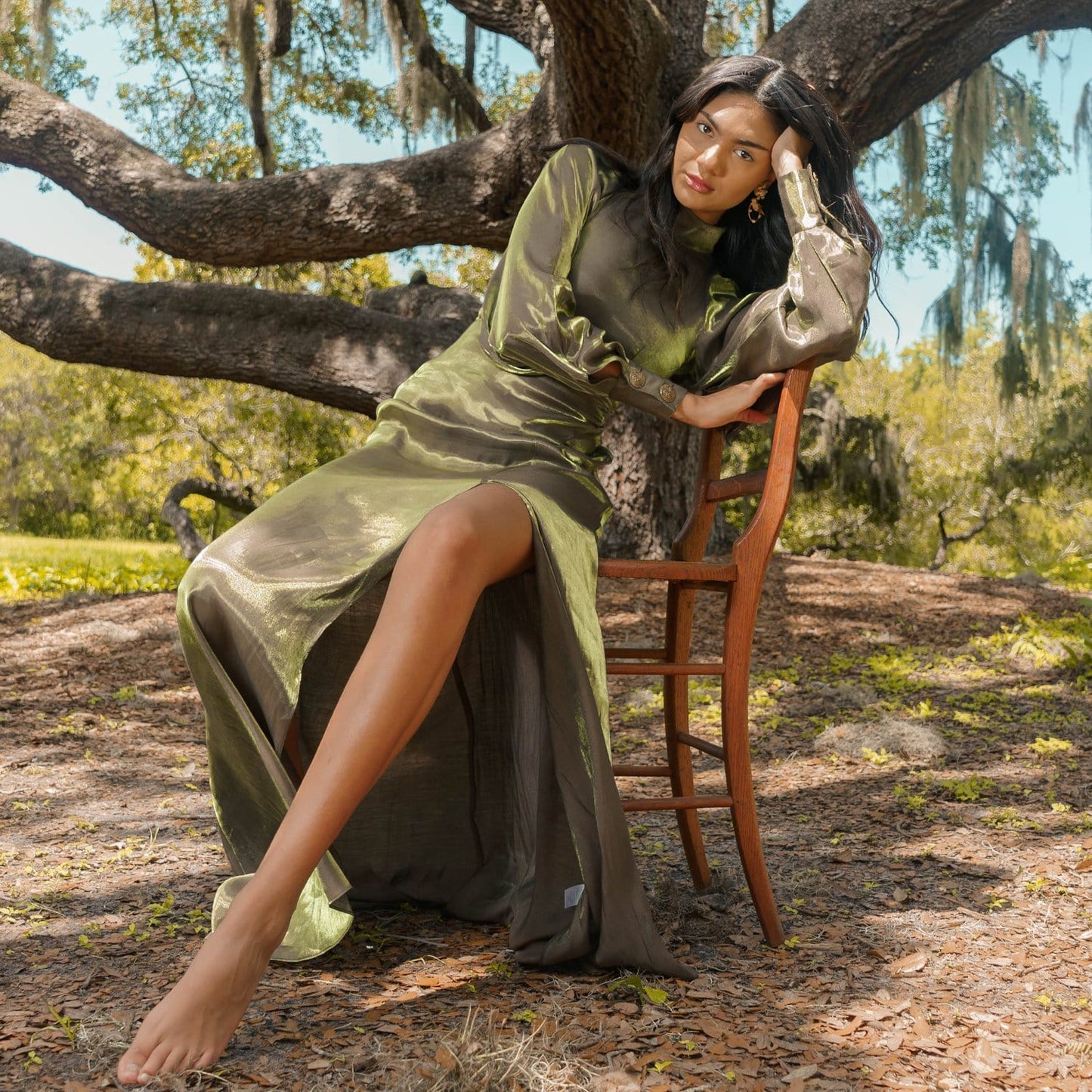 Green Ming Satin Gladiolus Dress with High Neck ADIBA