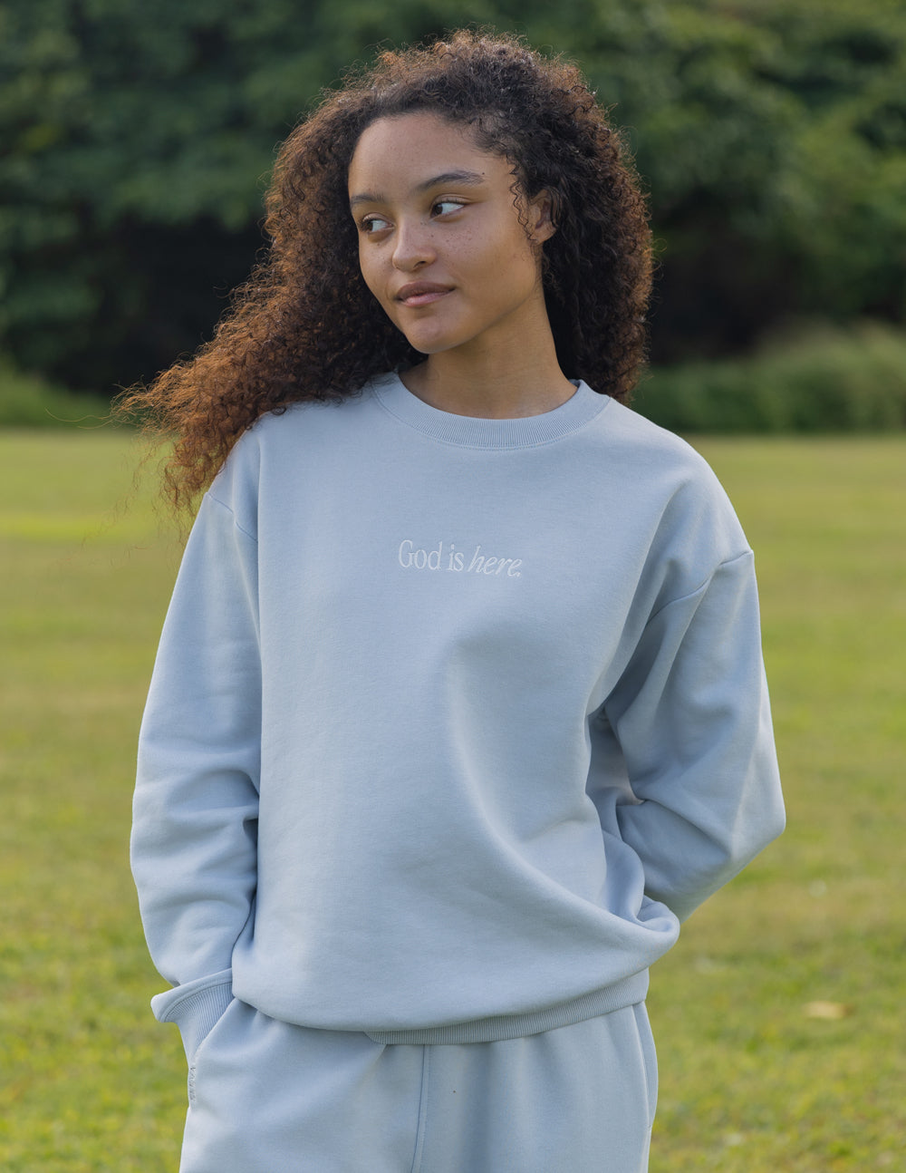 God Is Here Pearl Blue Unisex Crewneck