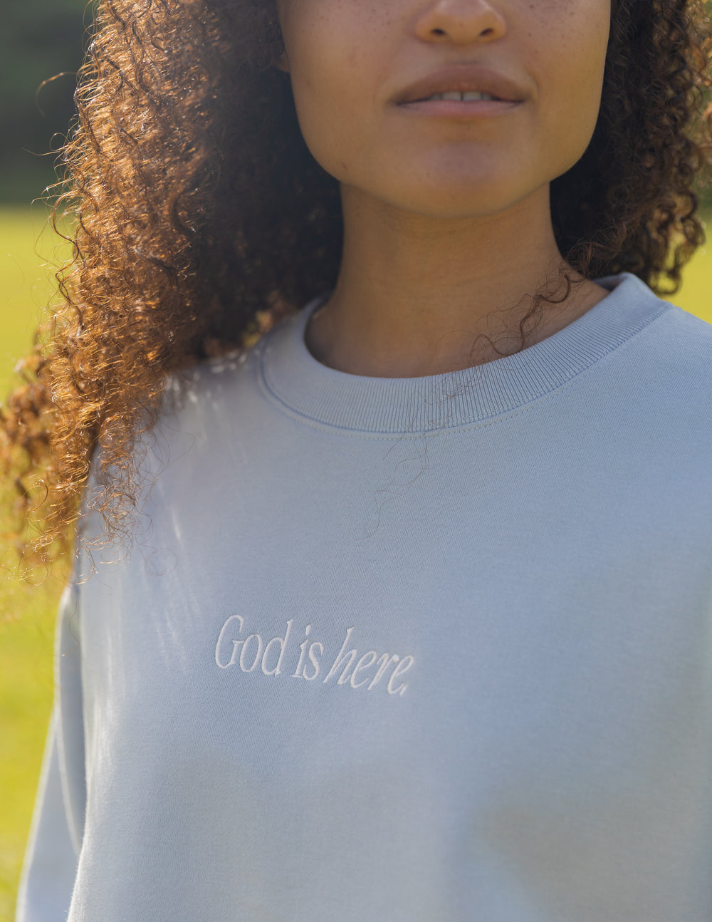 God Is Here Pearl Blue Unisex Crewneck
