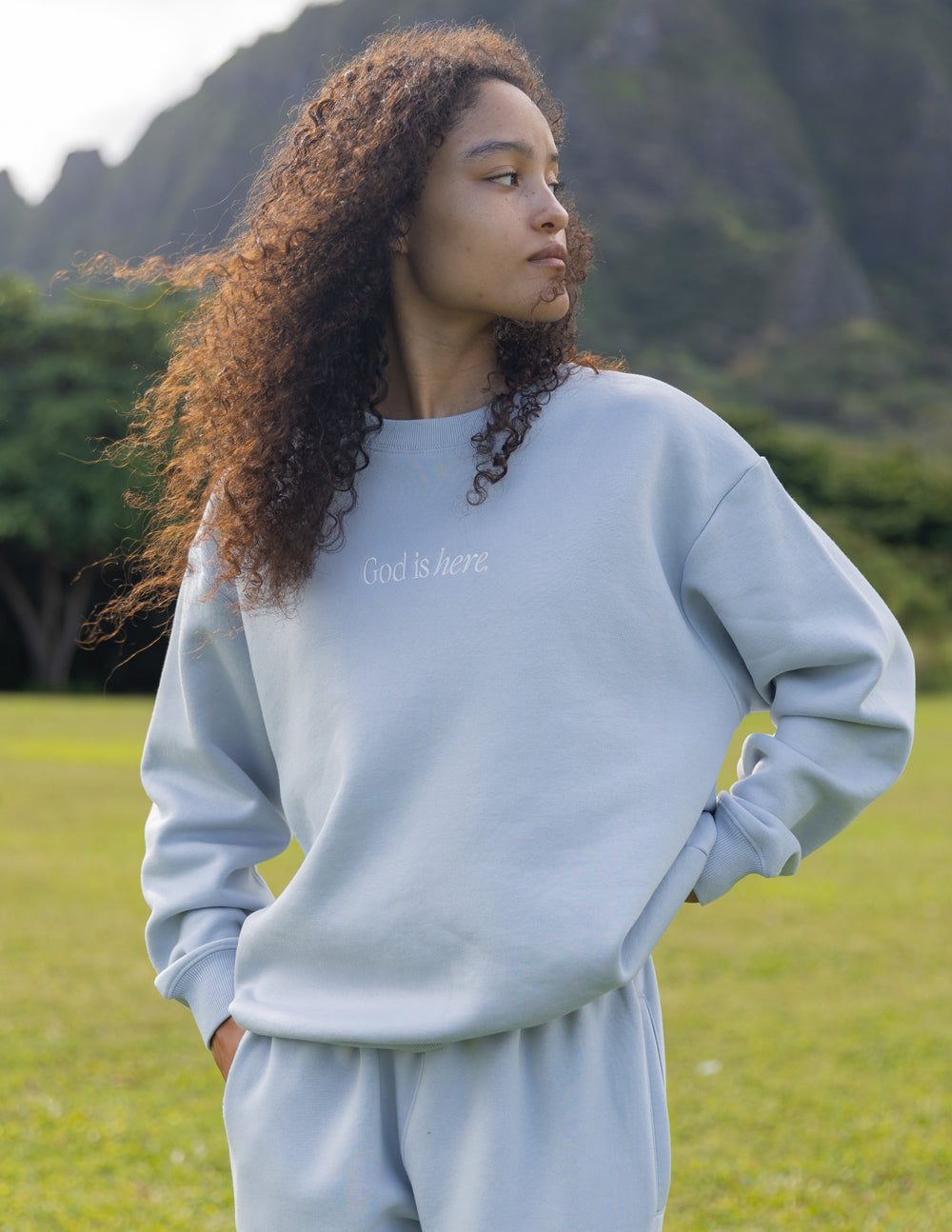 God Is Here Pearl Blue Unisex Crewneck