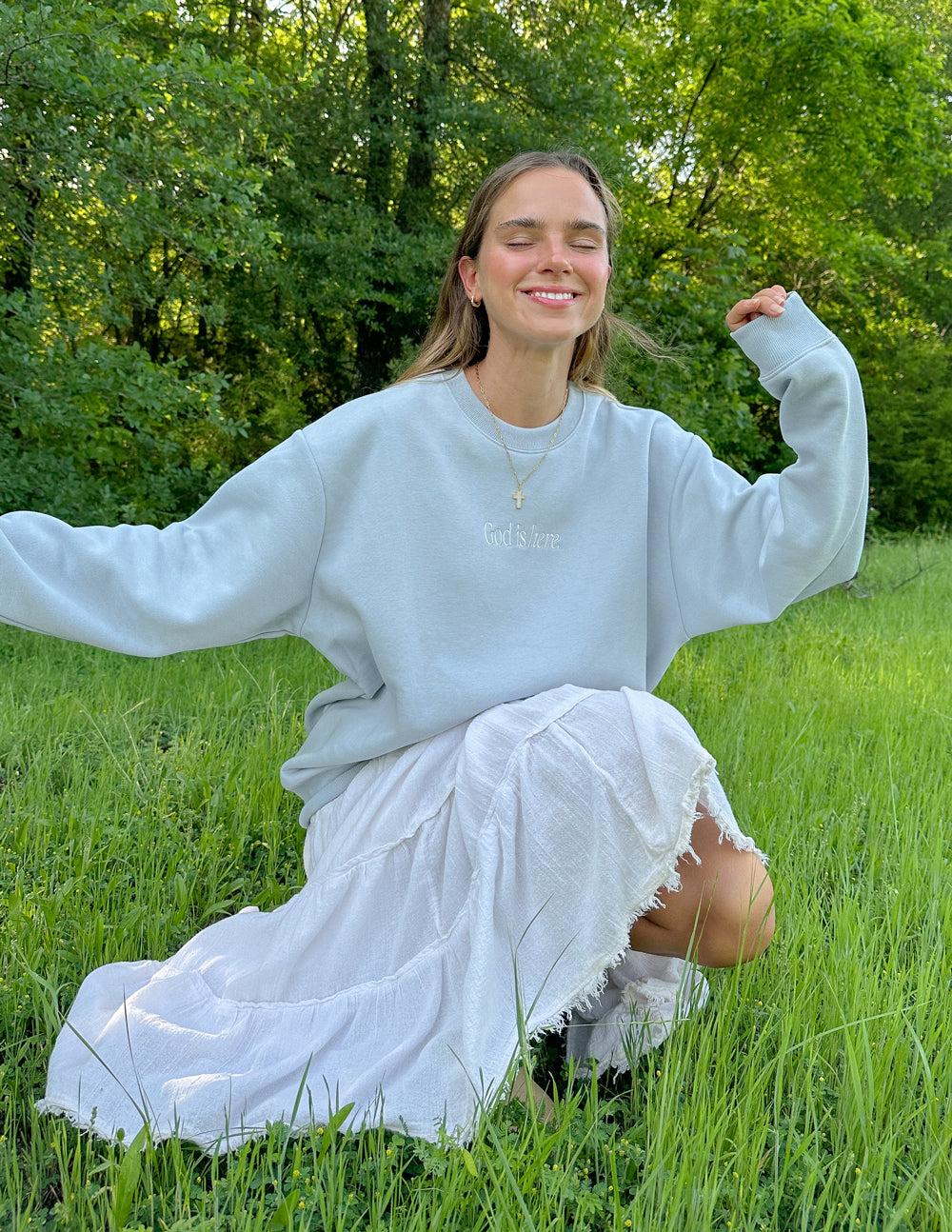 God Is Here Pearl Blue Unisex Crewneck