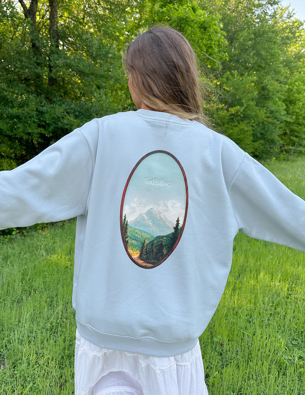 God Is Here Pearl Blue Unisex Crewneck