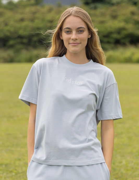 God Is Here Pearl Blue Oversized Unisex Tee